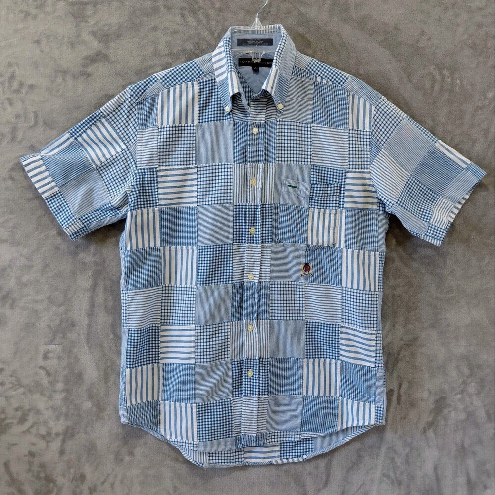 Tommy Hilfiger Madras Cotton Short Sleeve Shirt Men's Small Y2K VTG Patchwork